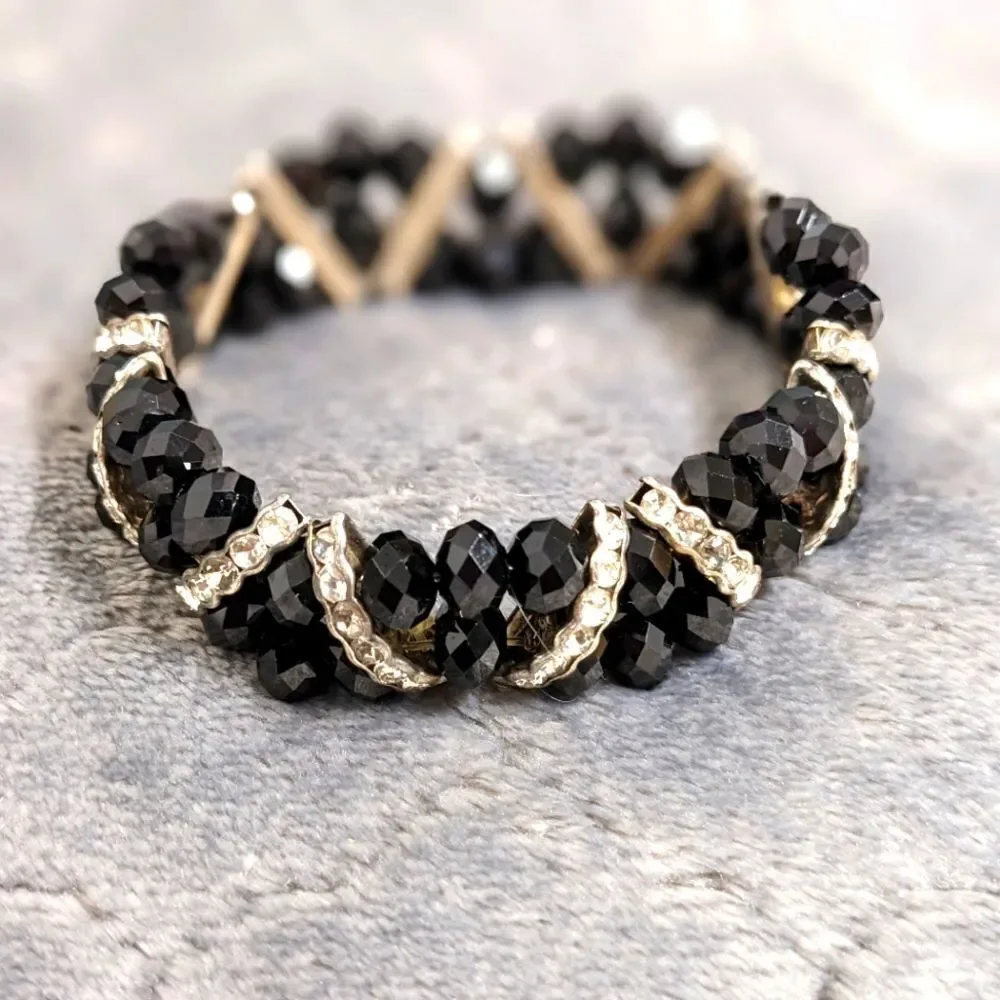 Vintage Black Crystal Bead Stretchy Bracelet with Rhinestone Accents